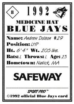 1992 Sport Pro Medicine Hat Blue Jays #8 Andrew Dolson Back