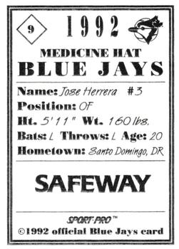 1992 Sport Pro Medicine Hat Blue Jays #9 Jose Herrera Back