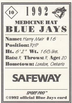 1992 Sport Pro Medicine Hat Blue Jays #10 Harry Muir Back