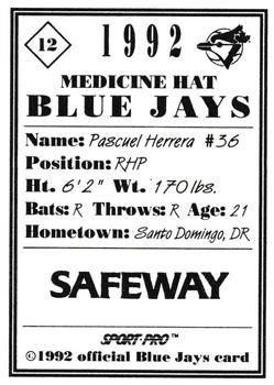 1992 Sport Pro Medicine Hat Blue Jays #12 Pasqual Herrera Back