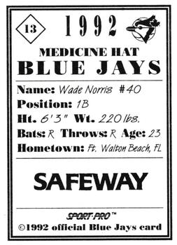 1992 Sport Pro Medicine Hat Blue Jays #13 Wade Norris Back