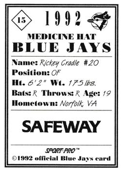 1992 Sport Pro Medicine Hat Blue Jays #15 Rickey Cradle Back