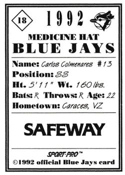 1992 Sport Pro Medicine Hat Blue Jays #18 Carlos Colmenares Back