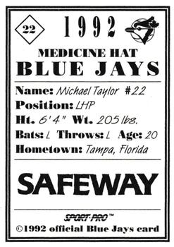1992 Sport Pro Medicine Hat Blue Jays #22 Michael Taylor Back