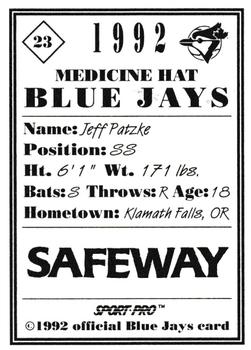 1992 Sport Pro Medicine Hat Blue Jays #23 Jeff Patzke Back