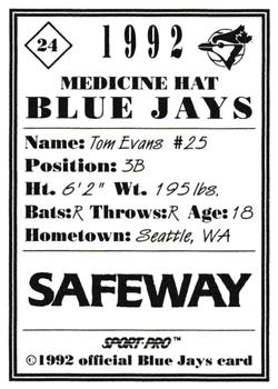 1992 Sport Pro Medicine Hat Blue Jays #24 Tom Evans Back