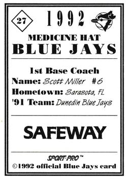 1992 Sport Pro Medicine Hat Blue Jays #27 Scott Miller Back