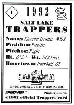 1992 Sport Pro Salt Lake Trappers #1 Richard Licursi Back