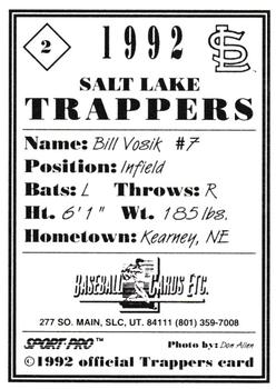 1992 Sport Pro Salt Lake Trappers #2 Bill Vosik Back