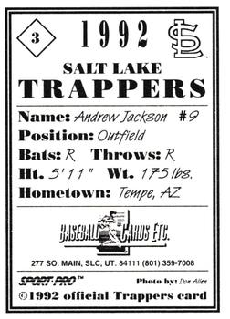 1992 Sport Pro Salt Lake Trappers #3 Andrew Jackson Back