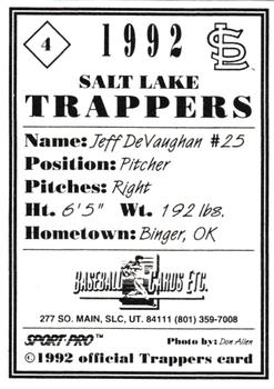 1992 Sport Pro Salt Lake Trappers #4 Jeff DeVaughan Back