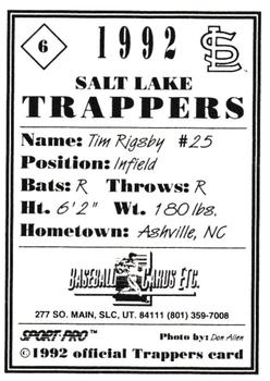 1992 Sport Pro Salt Lake Trappers #6 Tim Rigsby Back