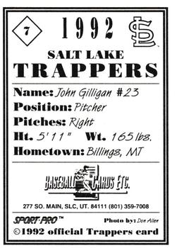1992 Sport Pro Salt Lake Trappers #7 John Gilligan Back
