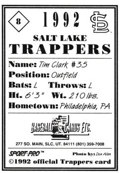 1992 Sport Pro Salt Lake Trappers #8 Tim Clark Back