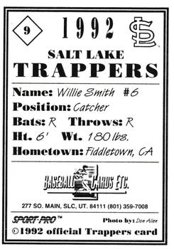 1992 Sport Pro Salt Lake Trappers #9 Willie Smith Back