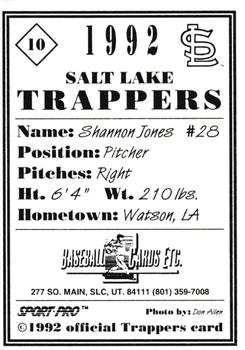 1992 Sport Pro Salt Lake Trappers #10 Shannon Jones Back