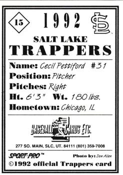 1992 Sport Pro Salt Lake Trappers #15 Cecil Pettiford Back