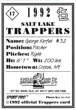 1992 Sport Pro Salt Lake Trappers #17 George Kerfut Back