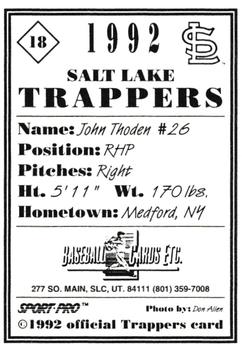 1992 Sport Pro Salt Lake Trappers #18 John Thoden Back