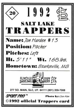 1992 Sport Pro Salt Lake Trappers #20 Jon Harden Back