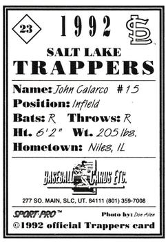 1992 Sport Pro Salt Lake Trappers #23 John Calarco Back