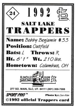 1992 Sport Pro Salt Lake Trappers #24 Bobby Benjamin Back