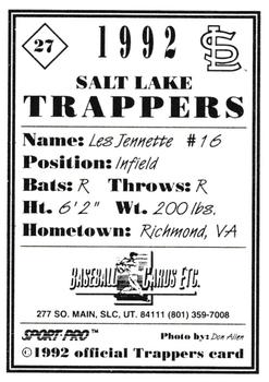 1992 Sport Pro Salt Lake Trappers #27 Les Jennette Back