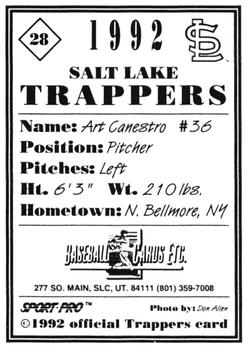 1992 Sport Pro Salt Lake Trappers #28 Art Canestro Back