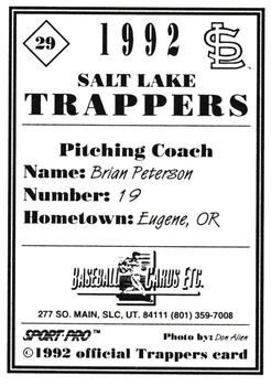 1992 Sport Pro Salt Lake Trappers #29 Brian Peterson Back
