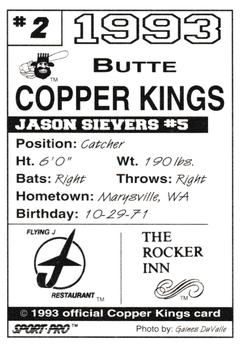 1993 Sport Pro Butte Copper Kings #2 Jason Sievers Back