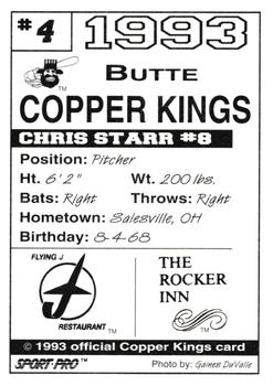 1993 Sport Pro Butte Copper Kings #4 Chris Starr Back