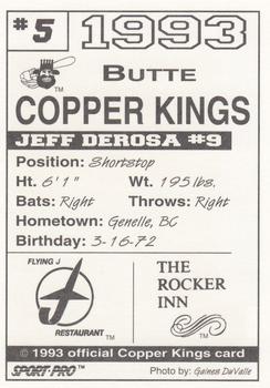 1993 Sport Pro Butte Copper Kings #5 Jeff Derosa Back