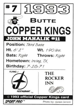 1993 Sport Pro Butte Copper Kings #7 John Mahalik Back