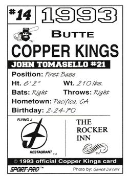 1993 Sport Pro Butte Copper Kings #14 John Tomasello Back