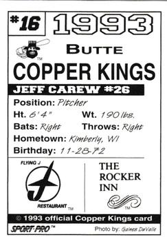 1993 Sport Pro Butte Copper Kings #16 Jeff Carew Back
