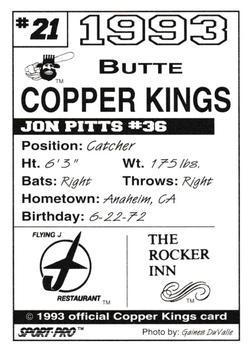 1993 Sport Pro Butte Copper Kings #21 Jon Pitts Back