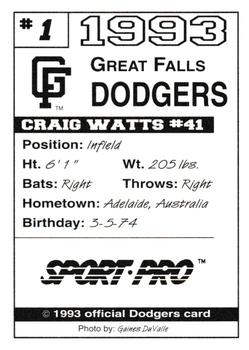 1993 Sport Pro Great Falls Dodgers #1 Craig Watts Back
