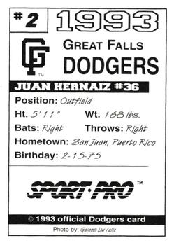 1993 Sport Pro Great Falls Dodgers #2 Juan Hernaiz Back
