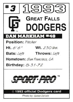 1993 Sport Pro Great Falls Dodgers #3 Dan Markham Back
