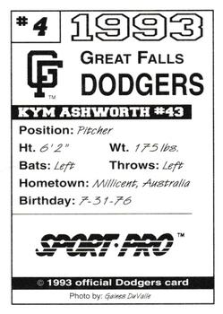 1993 Sport Pro Great Falls Dodgers #4 Kym Ashworth Back