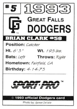 1993 Sport Pro Great Falls Dodgers #5 Brian Clark Back