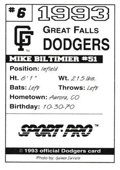 1993 Sport Pro Great Falls Dodgers #6 Mike Biltimier Back