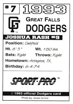 1993 Sport Pro Great Falls Dodgers #7 Joshua Rash Back