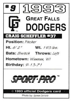 1993 Sport Pro Great Falls Dodgers #9 Craig Scheffler Back