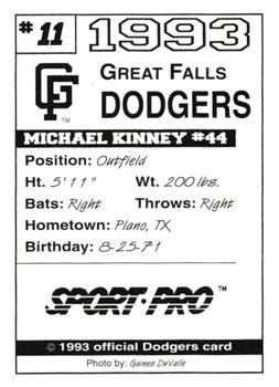 1993 Sport Pro Great Falls Dodgers #11 Michael Kinney Back