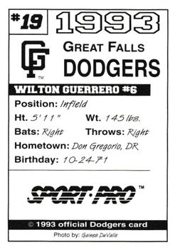 1993 Sport Pro Great Falls Dodgers #19 Wilton Guerrero Back