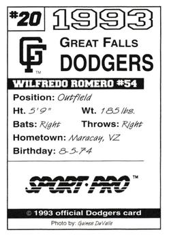 1993 Sport Pro Great Falls Dodgers #20 Wilfredo Romero Back