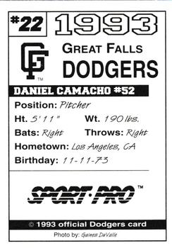 1993 Sport Pro Great Falls Dodgers #22 Daniel Camacho Back