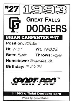 1993 Sport Pro Great Falls Dodgers #27 Brian Carpenter Back