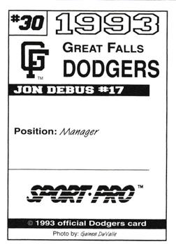 1993 Sport Pro Great Falls Dodgers #30 Jon Debus Back